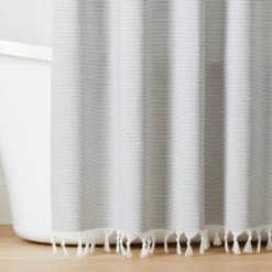 Ticking Stripe Woven Shower Curtain Gray/Cream - Hearth & Hand⢠With Magnolia