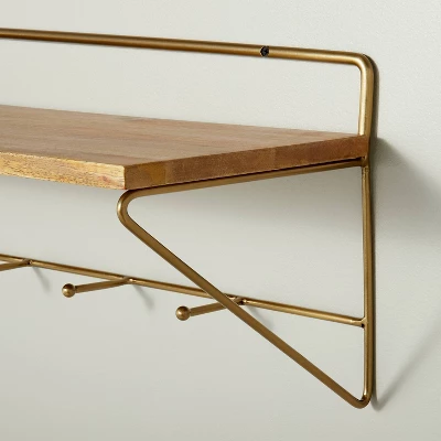 24" Wood & Brass Wall Shelf with Hooks - Hearth & Hand™ with Magnolia 24" Wood & Brass Wall Shelf With Hooks - Hearth & Hand™ With Magnolia -Hearth and Hand With Magnolia Store GUEST de32424a 428e 4aa7 a682 fa56a9307f42